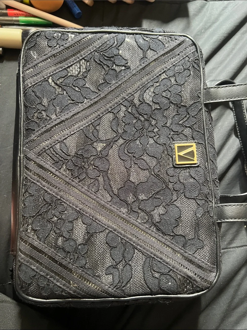 Victoria's Secret Black Lace Cosmetics Bag with Gold Logo Accent